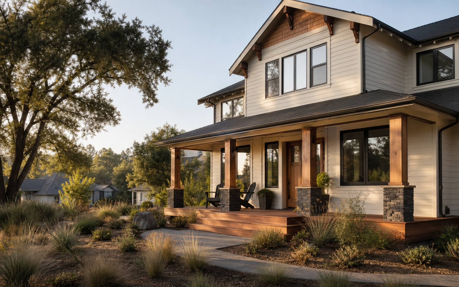 Finished fiber cement siding and cedar porch on a Loomis home